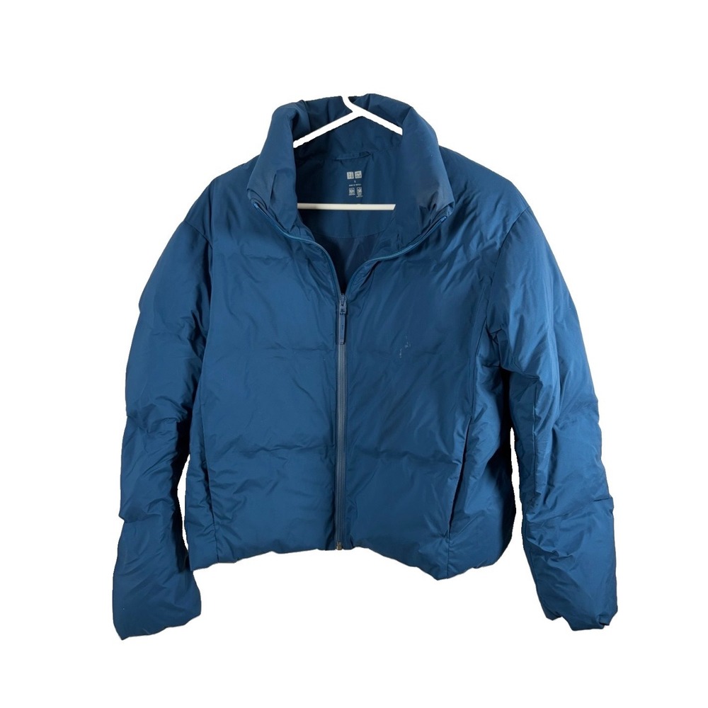 Uniqlo Seamless Down Puffer Jacket S Short Cropped Blue Windproof Water Repel